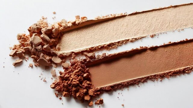 Two lines of crushed makeup powder in warm shades lie broken and textured across a white surface