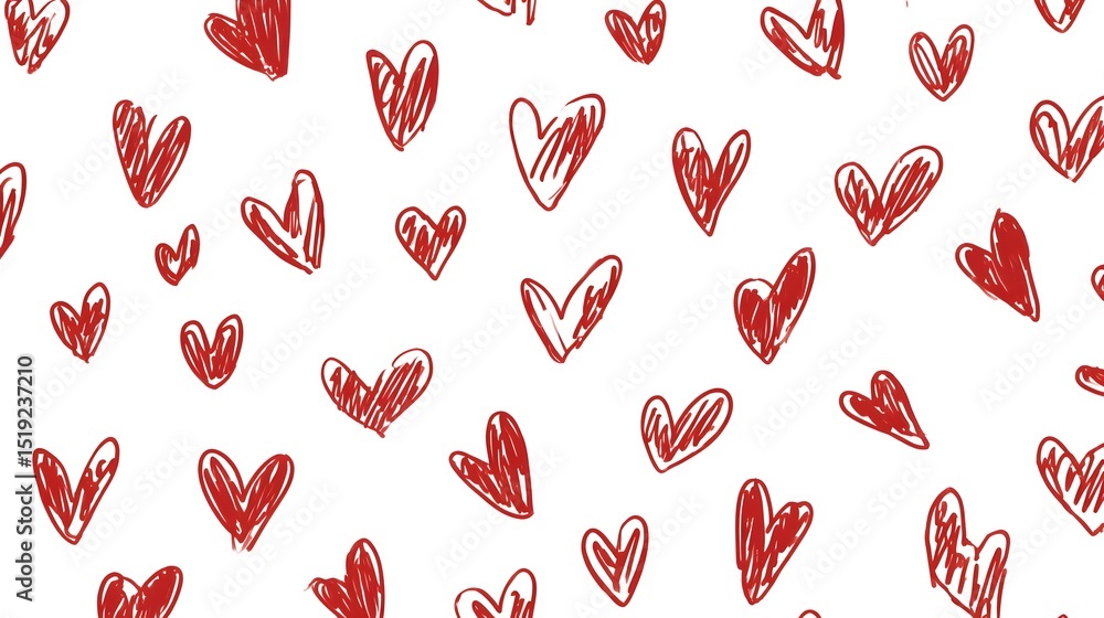 Poster Seamless pattern of simple hand sketched red heart shapes in a repeating abstract design on a clean white background