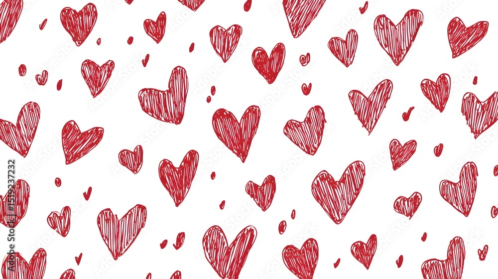 Aufkleber Seamless repeating pattern featuring an abstract arrangement of hand sketched red heart shapes in various sizes against a clean white background creating a festive romantic texture