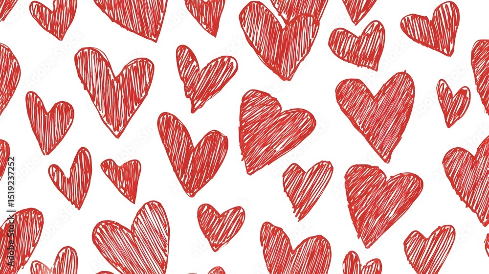 Poster A repeating pattern featuring a whimsical arrangement of simple hand sketched red hearts on a clean white background  The hearts are drawn with loose expressive lines creating a charming