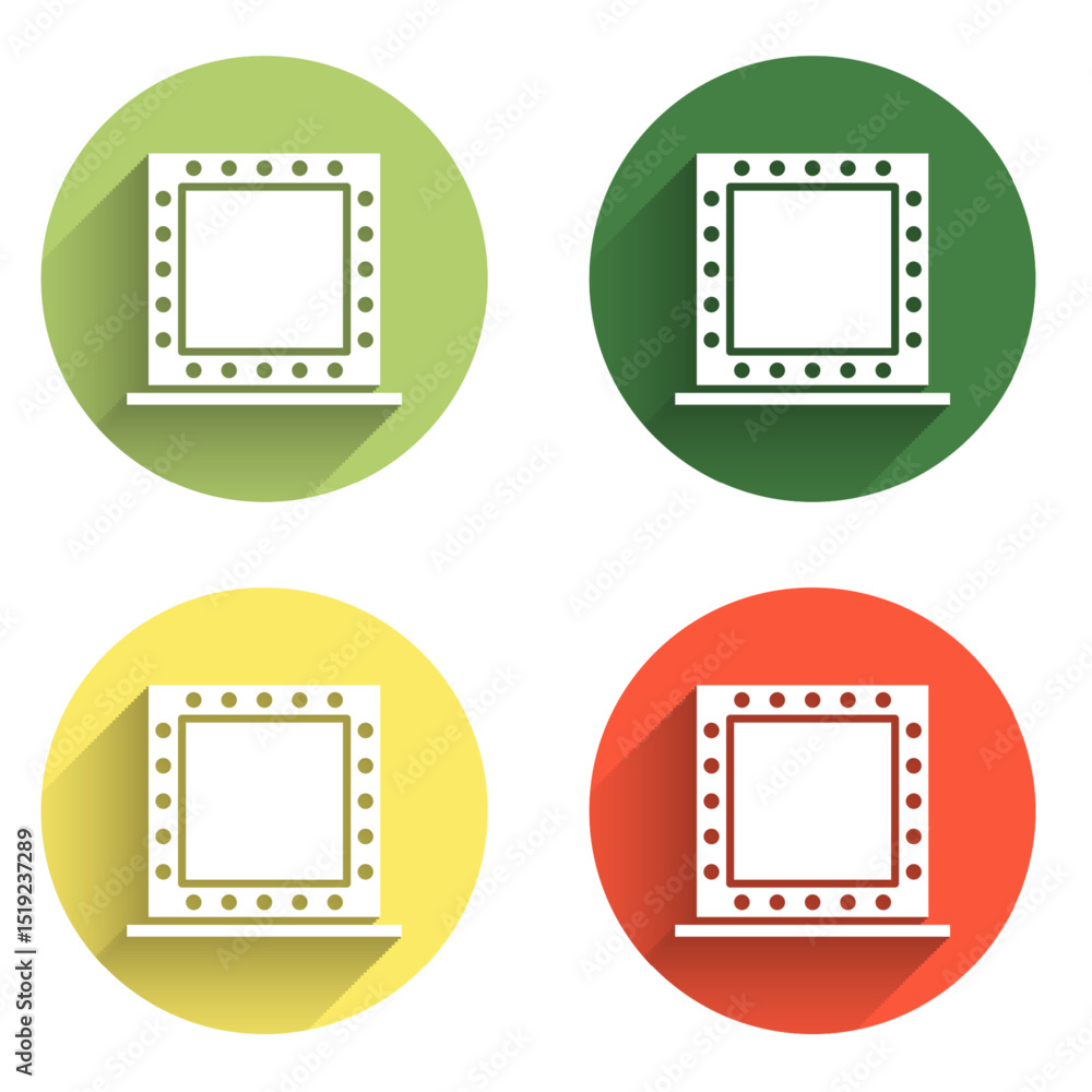 Poster set makeup mirror with lights icon isolated with long shadow background. color circle button. vector