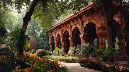 Obraz premium Picturesque Mughal palace garden showcasing the grand architectural style of ornate sandstone arches surrounded by a vibrant display of tropical plants and florals
