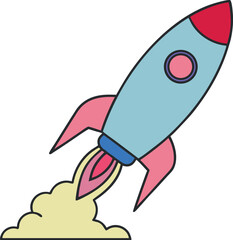 Cartoon rocket launch illustration with smoke trail, symbolizing innovation, space, and creativity. Ideal for tech, startup, or education themes. Vector graphic for digital and print design.