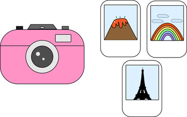 Pink Camera and Travel Photo Vector Illustration &ndash; Cute Flat Style Design Featuring Landmark, Nature, and Vacation Memories