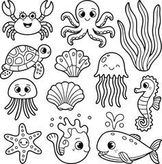 Naklejka premium Sea creature cartoon vector black white art