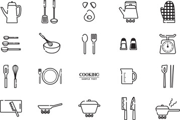 キッチンツール 白黒線画アイコン素材セット /vector eps