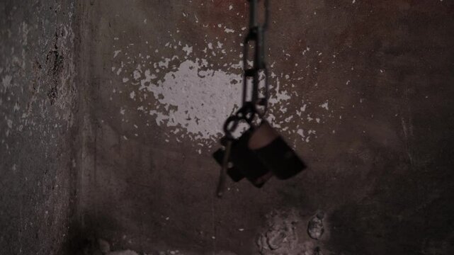 Close-up of an old rusty chain with handcuffs hanging on the gray dirty wall of the prison. Various scary tools in the torture room. The room of horrors. An old prison room.