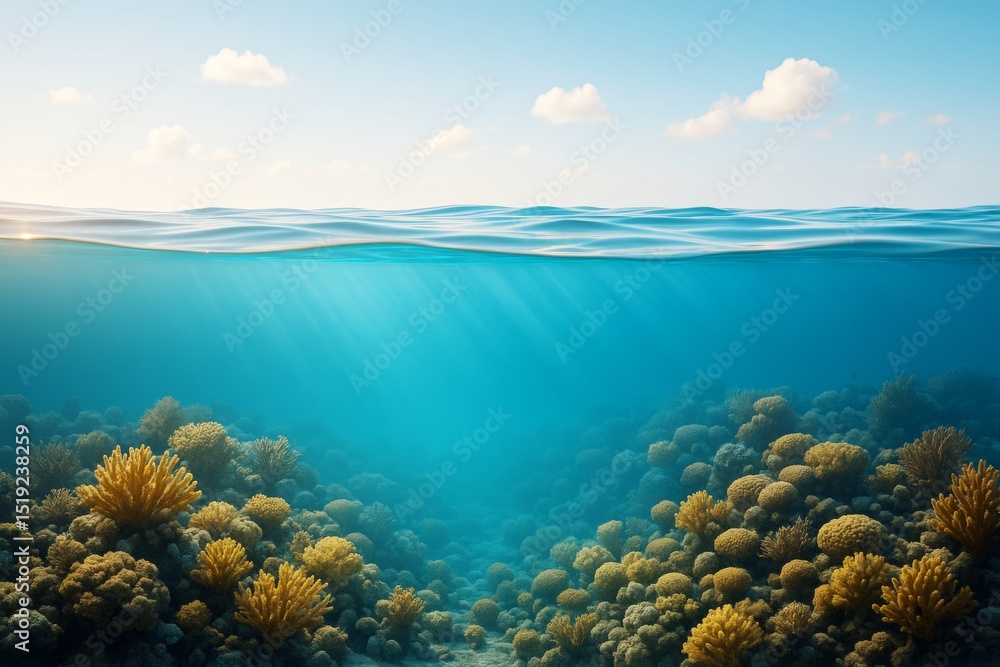 Poster vibrant underwater coral reef landscape with sunlight rays and calm ocean surface under a clear sky 