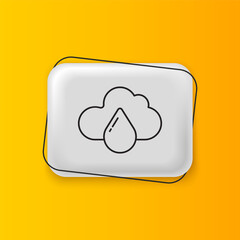 Black Cloud with rain icon isolated on yellow background. Rain cloud precipitation with rain drops. Silver rectangle button. Vector