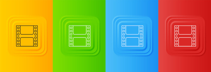 White Play Video icon isolated on colorful background. Film strip sign. Set icons in square buttons. Vector