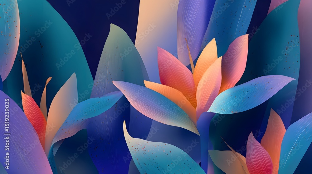 Aufkleber A visually striking abstract floral featuring overlapping botanical leaves and vibrant gradient flowers in a minimalist flat design style