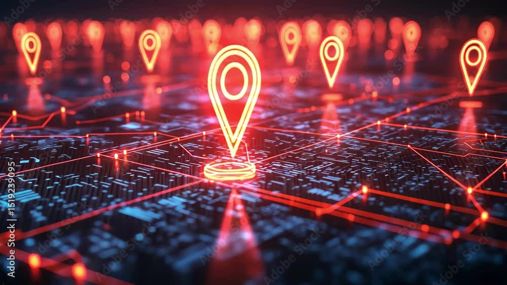 Poster glowing red location pin markers on a futuristic technological network map.
