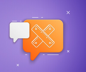 White Crossed ruler icon isolated on purple background. Straightedge symbol. Orange speech bubble symbol. Vector