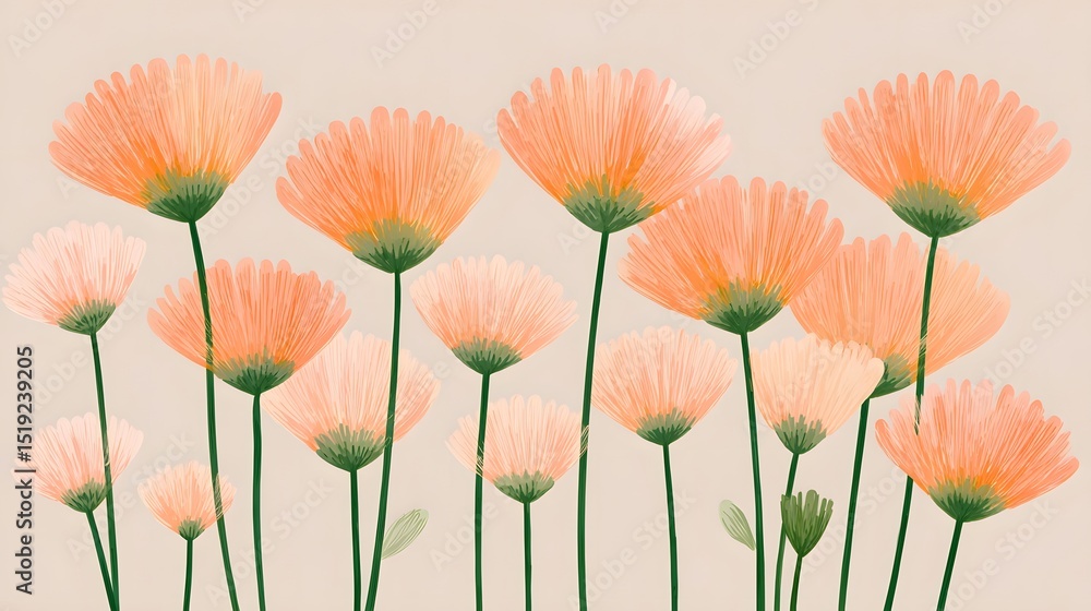 Aufkleber A whimsical and delicate arrangement of stylized daisies in soft peach tones set against a minimalist pastel background creating a serene and natural botanical layout