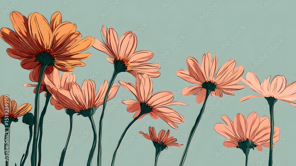 Aufkleber rendering of stylized daisies with peach colored petals against a soft pastel background creating a botanical and minimalist aesthetic