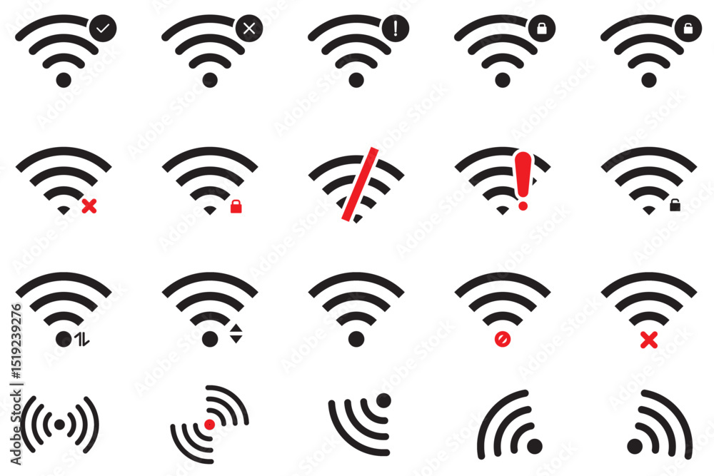 Poster wi-fi icon set for interface design. wireless wi-fi hotspot signal sign collection. wireless and net
