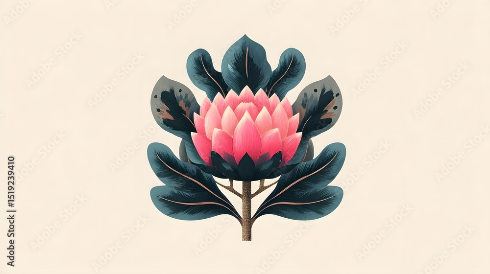 Poster stylized botanical featuring a striking pink flower with a central bloom surrounded by bold symmetri