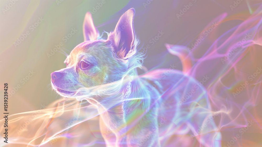 Poster this glowing hologram of a small dog floats gently, creating an ambient, futuristic atmosphere.