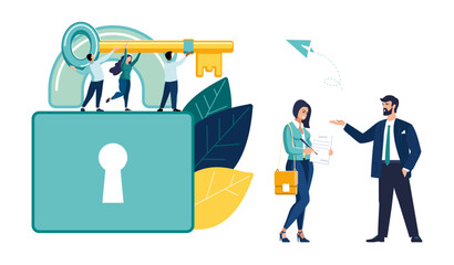 Business protection, bank. Workers carry a golden key to open the lock. Business people. Presentation. Businessman and woman write financial development plan, profit, banner. Vector illustration