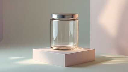 Photorealistic Glass Jar with Metallic Lid on Pastel Background, No Branding