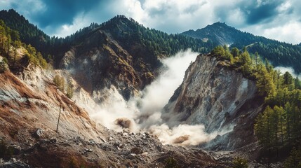 A mountain landscape disrupted by a sudden earthquake massive landslides trees 