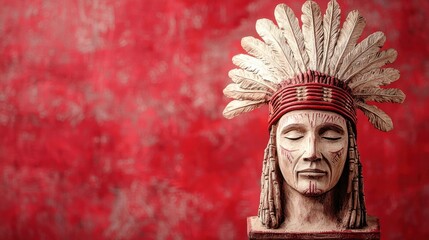 Obraz premium Wooden statue of a Native American chief with a feathered headdress against a textured red background.