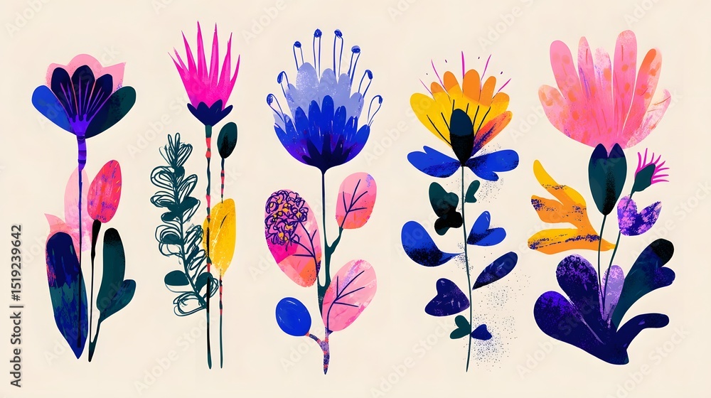 Poster a vibrant collection of fantasy garden flowers with bold abstract stems and leaves rendered in a mod