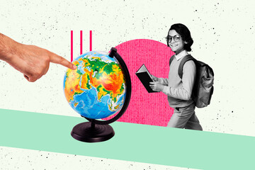 Composite image design trend artwork collage of hand finger point map location globe young boy...