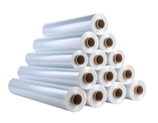 A stack of stretch film rolls arranged in a pyramid shape.