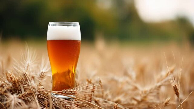 A cold glass of amber beer stands among golden wheat stalks under a softly blurred summer sky