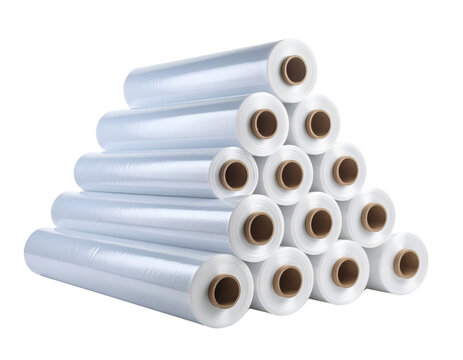 A stack of stretch film rolls arranged in a pyramid shape.