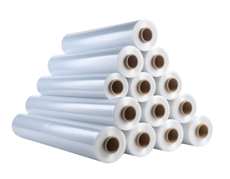 A stack of stretch film rolls arranged in a pyramid shape.