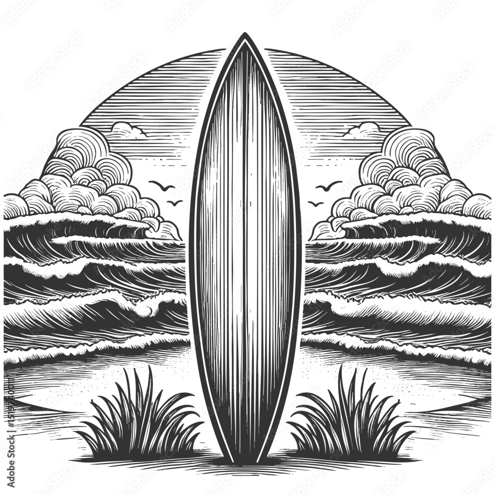 Poster surfboard standing upright on the beach, facing the ocean with rolling waves sketch engraving genera