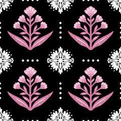 Floral repeat seamless pattern in pink and black colors. Geometrical symmetrical abstract flowers and white lace ornaments in block print inspired endless raster backdrop