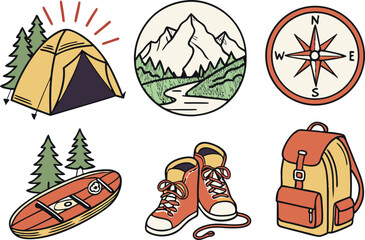 Colorful Adventure and Camping Illustrations Set. Outdoor Camping and Adventure Icons in Colorful Style. Collection of Adventure and Camp Elements Illustrations. Hiking and Camping Graphics