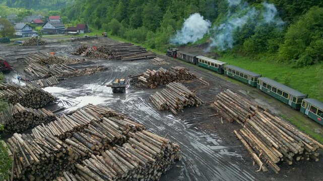 Aerial view : Mocanita, a narrow gauge railway, transporting logs through a picturesque Romanian landscape