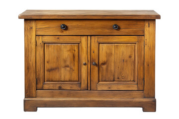 Rustic, two-door wooden cabinet with a single drawer, featuring dark-toned wood grain and simple black knobs