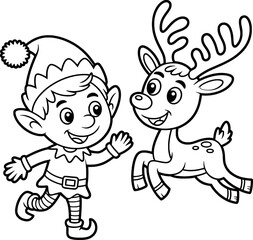 Christmas elf and reindeer coloring page fun festive illustration