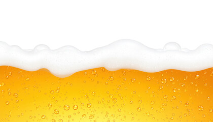 A close-up view of a glass of beer with bubbles and a foamy white head against a black background.