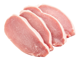 Four raw pork chops arranged in a neat overlapping pattern.