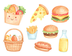 Watercolor illustration of fast food items including burgers and pizza slice