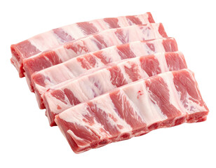 Raw pork ribs neatly arranged in parallel rows, displaying marbled meat and bone sections.