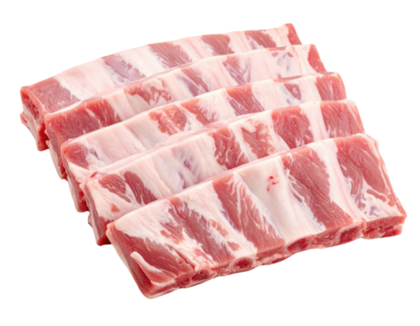 Raw pork ribs neatly arranged in parallel rows, displaying marbled meat and bone sections.