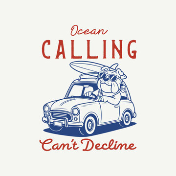 Bulldog driving vintage car with surfboard, summer surfing t shirt design