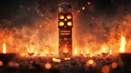 A carved totem with a fiery face stands surrounded by flames and burning bowls, creating a dramatic and mystical atmosphere.