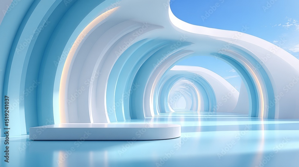 Poster futuristic abstract 3d render with white geometric arches and circular lines on a light blue backgro
