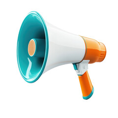 Teal and orange megaphone, angled, 3D rendered, isolated on black background, suggesting announcement or communication
