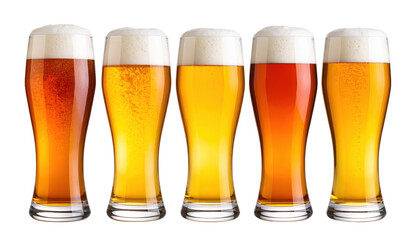 Five tall glasses filled with different types of beer, each topped with a foamy head.