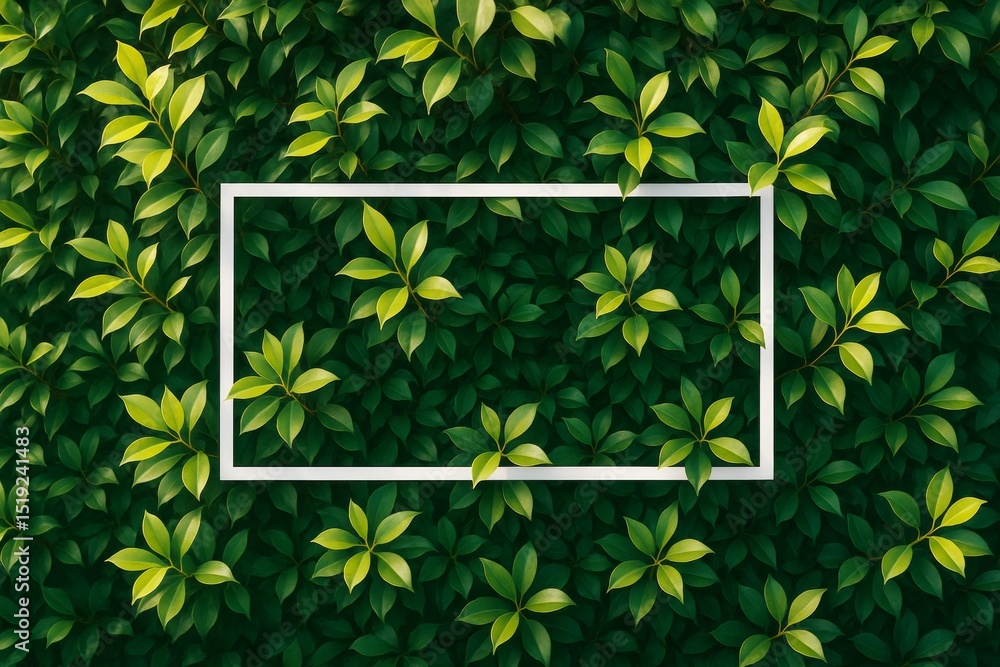 Poster abstract white rectangular frame on lush green leaf background with light and shadow play for nature