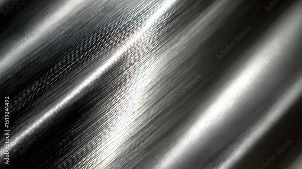 Poster highly polished and reflective silver steel surface with diagonal brushed patterns and contrasting l